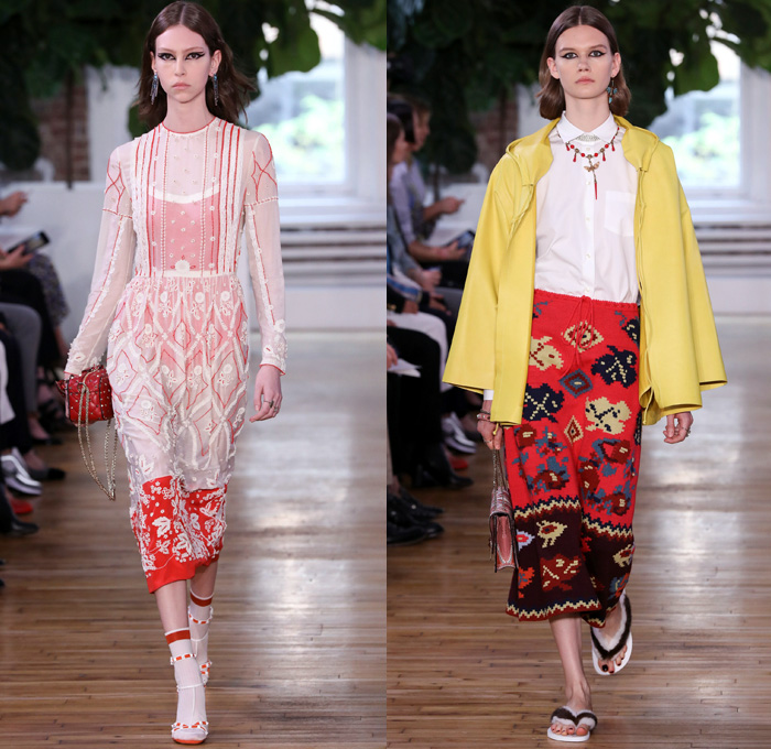 Valentino 2018 Resort Cruise Pre-Spring Womens Runway Catwalk Looks Collection - Knit Crochet Threads Weave Fringes Embroidery Adornments Decorated Bedazzled Pop Art Lipstick Lace Ornamental Decorative Art Tribal Ethnic Folk Metallic Studs Sequins Flowers Floral Roses Leaves Foliage Motif Outerwear Trench Coat Anorak Windbreaker Track Jacket Bomber Jacket Shaggy Plush Fur Leather Turtleneck Sweater Jumper Blouse Shirtdress Maxi Dress Goddess Gown Eveningwear Noodle Spaghetti Strap Sheer Chiffon Organza Skirt Frock Accordion Pleats Silk Satin Denim Jeans Cutout Cuffs Slouchy Buttons Wide Leg Trousers Palazzo Pants Slippers Tote Bag Socks High Heels Sneakers Trainers Fanny Pack Waist Pouch Belt Bag