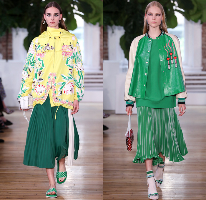 Valentino 2018 Resort Cruise Pre-Spring Womens Runway Catwalk Looks Collection - Knit Crochet Threads Weave Fringes Embroidery Adornments Decorated Bedazzled Pop Art Lipstick Lace Ornamental Decorative Art Tribal Ethnic Folk Metallic Studs Sequins Flowers Floral Roses Leaves Foliage Motif Outerwear Trench Coat Anorak Windbreaker Track Jacket Bomber Jacket Shaggy Plush Fur Leather Turtleneck Sweater Jumper Blouse Shirtdress Maxi Dress Goddess Gown Eveningwear Noodle Spaghetti Strap Sheer Chiffon Organza Skirt Frock Accordion Pleats Silk Satin Denim Jeans Cutout Cuffs Slouchy Buttons Wide Leg Trousers Palazzo Pants Slippers Tote Bag Socks High Heels Sneakers Trainers Fanny Pack Waist Pouch Belt Bag