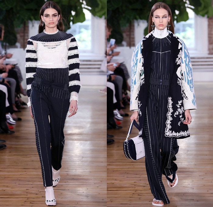 Valentino 2018 Resort Cruise Pre-Spring Womens Runway Catwalk Looks Collection - Knit Crochet Threads Weave Fringes Embroidery Adornments Decorated Bedazzled Pop Art Lipstick Lace Ornamental Decorative Art Tribal Ethnic Folk Metallic Studs Sequins Flowers Floral Roses Leaves Foliage Motif Outerwear Trench Coat Anorak Windbreaker Track Jacket Bomber Jacket Shaggy Plush Fur Leather Turtleneck Sweater Jumper Blouse Shirtdress Maxi Dress Goddess Gown Eveningwear Noodle Spaghetti Strap Sheer Chiffon Organza Skirt Frock Accordion Pleats Silk Satin Denim Jeans Cutout Cuffs Slouchy Buttons Wide Leg Trousers Palazzo Pants Slippers Tote Bag Socks High Heels Sneakers Trainers Fanny Pack Waist Pouch Belt Bag