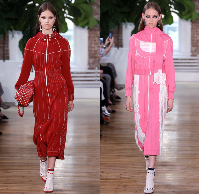 Valentino 2018 Resort Cruise Pre-Spring Womens Runway Catwalk Looks Collection - Knit Crochet Threads Weave Fringes Embroidery Adornments Decorated Bedazzled Pop Art Lipstick Lace Ornamental Decorative Art Tribal Ethnic Folk Metallic Studs Sequins Flowers Floral Roses Leaves Foliage Motif Outerwear Trench Coat Anorak Windbreaker Track Jacket Bomber Jacket Shaggy Plush Fur Leather Turtleneck Sweater Jumper Blouse Shirtdress Maxi Dress Goddess Gown Eveningwear Noodle Spaghetti Strap Sheer Chiffon Organza Skirt Frock Accordion Pleats Silk Satin Denim Jeans Cutout Cuffs Slouchy Buttons Wide Leg Trousers Palazzo Pants Slippers Tote Bag Socks High Heels Sneakers Trainers Fanny Pack Waist Pouch Belt Bag