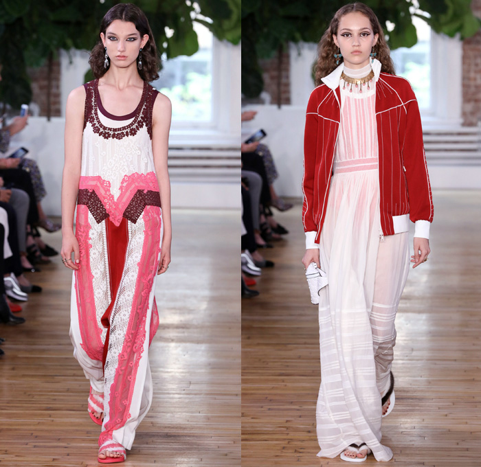 Valentino 2018 Resort Cruise Pre-Spring Womens Runway Catwalk Looks Collection - Knit Crochet Threads Weave Fringes Embroidery Adornments Decorated Bedazzled Pop Art Lipstick Lace Ornamental Decorative Art Tribal Ethnic Folk Metallic Studs Sequins Flowers Floral Roses Leaves Foliage Motif Outerwear Trench Coat Anorak Windbreaker Track Jacket Bomber Jacket Shaggy Plush Fur Leather Turtleneck Sweater Jumper Blouse Shirtdress Maxi Dress Goddess Gown Eveningwear Noodle Spaghetti Strap Sheer Chiffon Organza Skirt Frock Accordion Pleats Silk Satin Denim Jeans Cutout Cuffs Slouchy Buttons Wide Leg Trousers Palazzo Pants Slippers Tote Bag Socks High Heels Sneakers Trainers Fanny Pack Waist Pouch Belt Bag