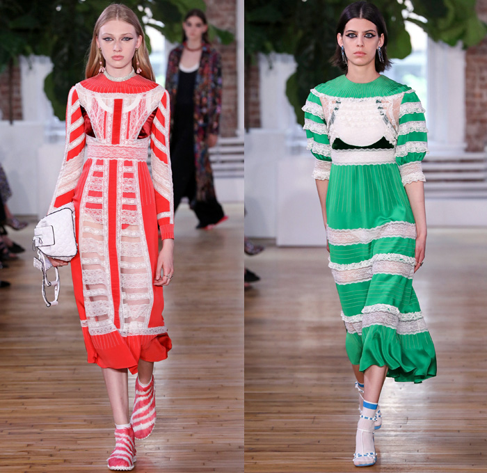Valentino 2018 Resort Cruise Pre-Spring Womens Runway Catwalk Looks Collection - Knit Crochet Threads Weave Fringes Embroidery Adornments Decorated Bedazzled Pop Art Lipstick Lace Ornamental Decorative Art Tribal Ethnic Folk Metallic Studs Sequins Flowers Floral Roses Leaves Foliage Motif Outerwear Trench Coat Anorak Windbreaker Track Jacket Bomber Jacket Shaggy Plush Fur Leather Turtleneck Sweater Jumper Blouse Shirtdress Maxi Dress Goddess Gown Eveningwear Noodle Spaghetti Strap Sheer Chiffon Organza Skirt Frock Accordion Pleats Silk Satin Denim Jeans Cutout Cuffs Slouchy Buttons Wide Leg Trousers Palazzo Pants Slippers Tote Bag Socks High Heels Sneakers Trainers Fanny Pack Waist Pouch Belt Bag