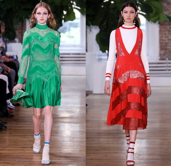 Valentino 2018 Resort Cruise Pre-Spring Womens Runway Catwalk Looks Collection - Knit Crochet Threads Weave Fringes Embroidery Adornments Decorated Bedazzled Pop Art Lipstick Lace Ornamental Decorative Art Tribal Ethnic Folk Metallic Studs Sequins Flowers Floral Roses Leaves Foliage Motif Outerwear Trench Coat Anorak Windbreaker Track Jacket Bomber Jacket Shaggy Plush Fur Leather Turtleneck Sweater Jumper Blouse Shirtdress Maxi Dress Goddess Gown Eveningwear Noodle Spaghetti Strap Sheer Chiffon Organza Skirt Frock Accordion Pleats Silk Satin Denim Jeans Cutout Cuffs Slouchy Buttons Wide Leg Trousers Palazzo Pants Slippers Tote Bag Socks High Heels Sneakers Trainers Fanny Pack Waist Pouch Belt Bag