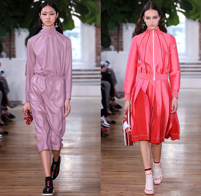 Valentino 2018 Resort Cruise Pre-Spring Womens Runway Catwalk Looks Collection - Knit Crochet Threads Weave Fringes Embroidery Adornments Decorated Bedazzled Pop Art Lipstick Lace Ornamental Decorative Art Tribal Ethnic Folk Metallic Studs Sequins Flowers Floral Roses Leaves Foliage Motif Outerwear Trench Coat Anorak Windbreaker Track Jacket Bomber Jacket Shaggy Plush Fur Leather Turtleneck Sweater Jumper Blouse Shirtdress Maxi Dress Goddess Gown Eveningwear Noodle Spaghetti Strap Sheer Chiffon Organza Skirt Frock Accordion Pleats Silk Satin Denim Jeans Cutout Cuffs Slouchy Buttons Wide Leg Trousers Palazzo Pants Slippers Tote Bag Socks High Heels Sneakers Trainers Fanny Pack Waist Pouch Belt Bag