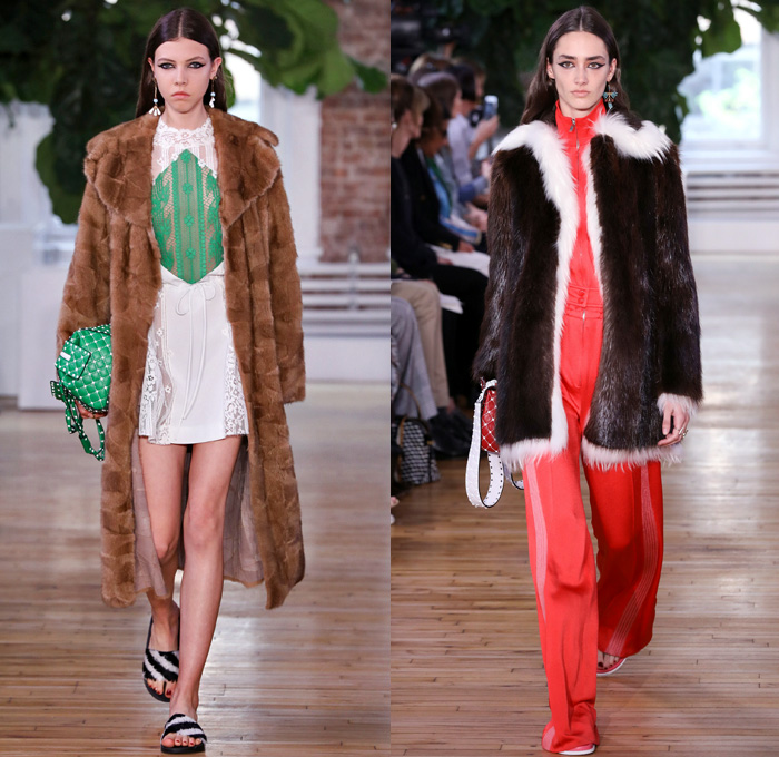 Valentino 2018 Resort Cruise Pre-Spring Womens Runway Catwalk Looks Collection - Knit Crochet Threads Weave Fringes Embroidery Adornments Decorated Bedazzled Pop Art Lipstick Lace Ornamental Decorative Art Tribal Ethnic Folk Metallic Studs Sequins Flowers Floral Roses Leaves Foliage Motif Outerwear Trench Coat Anorak Windbreaker Track Jacket Bomber Jacket Shaggy Plush Fur Leather Turtleneck Sweater Jumper Blouse Shirtdress Maxi Dress Goddess Gown Eveningwear Noodle Spaghetti Strap Sheer Chiffon Organza Skirt Frock Accordion Pleats Silk Satin Denim Jeans Cutout Cuffs Slouchy Buttons Wide Leg Trousers Palazzo Pants Slippers Tote Bag Socks High Heels Sneakers Trainers Fanny Pack Waist Pouch Belt Bag