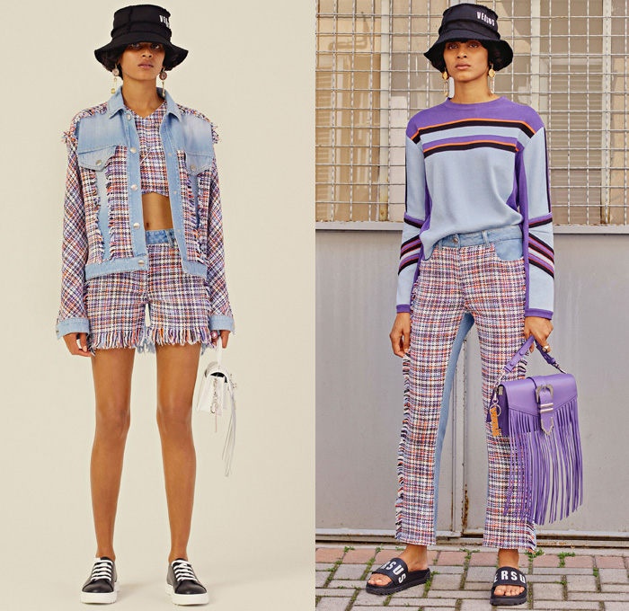 Versus Versace 2018 Resort Cruise Pre-Spring Womens Lookbook Presentation - Denim Jeans Trucker Jacket Cutoffs Shorts Contrast Stitching High Street Tweed Fringes Stripes Sleeveless Vest Waistcoat PVC Pleather Cargo Pockets Bedazzled Metallic Studs Logos Newspaper Print Grommets Eyelets Ruffles Mesh Lace Up Safety Pin Accordion Pleats Mix Match Mash Up Hybrid Combo Panel Coatdress Outerwear Turtleneck Sweater Jumper Cardigan Crop Top Midriff Pantsuit Motorcycle Biker Rider Jacket Noodle Spaghetti Strap Dress Miniskirt High Waist Straps Metallic Silver Wide Leg Trousers Palazzo Pants Shirtdress Bucket Fishing Hat Handbag Sneakers Sandals Slip-ons Baseball Cap Socks High Heels 