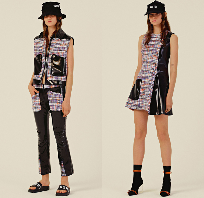 Versus Versace 2018 Resort Cruise Pre-Spring Womens Lookbook Presentation - Denim Jeans Trucker Jacket Cutoffs Shorts Contrast Stitching High Street Tweed Fringes Stripes Sleeveless Vest Waistcoat PVC Pleather Cargo Pockets Bedazzled Metallic Studs Logos Newspaper Print Grommets Eyelets Ruffles Mesh Lace Up Safety Pin Accordion Pleats Mix Match Mash Up Hybrid Combo Panel Coatdress Outerwear Turtleneck Sweater Jumper Cardigan Crop Top Midriff Pantsuit Motorcycle Biker Rider Jacket Noodle Spaghetti Strap Dress Miniskirt High Waist Straps Metallic Silver Wide Leg Trousers Palazzo Pants Shirtdress Bucket Fishing Hat Handbag Sneakers Sandals Slip-ons Baseball Cap Socks High Heels 