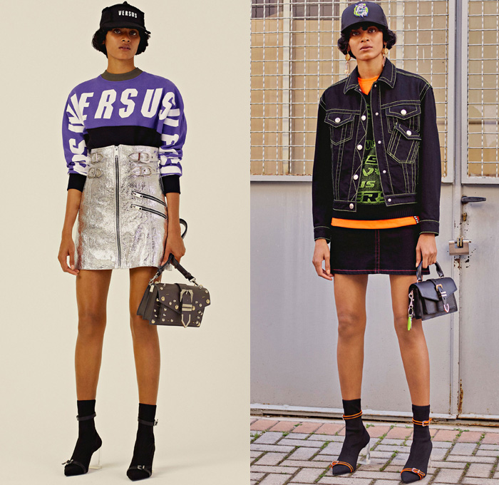 Versus Versace 2018 Resort Cruise Pre-Spring Womens Lookbook Presentation - Denim Jeans Trucker Jacket Cutoffs Shorts Contrast Stitching High Street Tweed Fringes Stripes Sleeveless Vest Waistcoat PVC Pleather Cargo Pockets Bedazzled Metallic Studs Logos Newspaper Print Grommets Eyelets Ruffles Mesh Lace Up Safety Pin Accordion Pleats Mix Match Mash Up Hybrid Combo Panel Coatdress Outerwear Turtleneck Sweater Jumper Cardigan Crop Top Midriff Pantsuit Motorcycle Biker Rider Jacket Noodle Spaghetti Strap Dress Miniskirt High Waist Straps Metallic Silver Wide Leg Trousers Palazzo Pants Shirtdress Bucket Fishing Hat Handbag Sneakers Sandals Slip-ons Baseball Cap Socks High Heels 