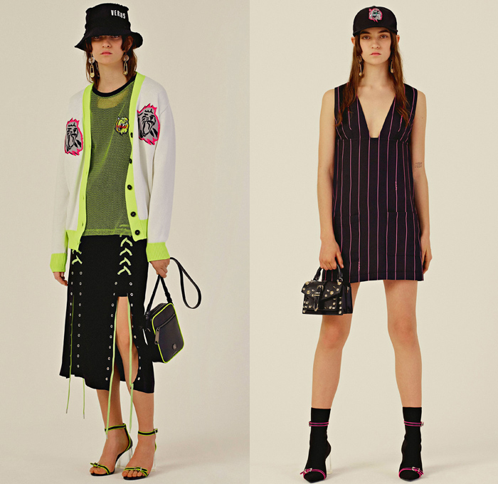 Versus Versace 2018 Resort Cruise Pre-Spring Womens Lookbook Presentation - Denim Jeans Trucker Jacket Cutoffs Shorts Contrast Stitching High Street Tweed Fringes Stripes Sleeveless Vest Waistcoat PVC Pleather Cargo Pockets Bedazzled Metallic Studs Logos Newspaper Print Grommets Eyelets Ruffles Mesh Lace Up Safety Pin Accordion Pleats Mix Match Mash Up Hybrid Combo Panel Coatdress Outerwear Turtleneck Sweater Jumper Cardigan Crop Top Midriff Pantsuit Motorcycle Biker Rider Jacket Noodle Spaghetti Strap Dress Miniskirt High Waist Straps Metallic Silver Wide Leg Trousers Palazzo Pants Shirtdress Bucket Fishing Hat Handbag Sneakers Sandals Slip-ons Baseball Cap Socks High Heels 