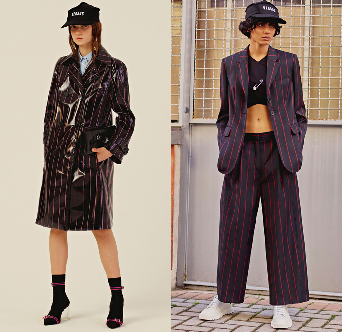 Versus Versace 2018 Resort Cruise Pre-Spring Womens Lookbook Presentation - Denim Jeans Trucker Jacket Cutoffs Shorts Contrast Stitching High Street Tweed Fringes Stripes Sleeveless Vest Waistcoat PVC Pleather Cargo Pockets Bedazzled Metallic Studs Logos Newspaper Print Grommets Eyelets Ruffles Mesh Lace Up Safety Pin Accordion Pleats Mix Match Mash Up Hybrid Combo Panel Coatdress Outerwear Turtleneck Sweater Jumper Cardigan Crop Top Midriff Pantsuit Motorcycle Biker Rider Jacket Noodle Spaghetti Strap Dress Miniskirt High Waist Straps Metallic Silver Wide Leg Trousers Palazzo Pants Shirtdress Bucket Fishing Hat Handbag Sneakers Sandals Slip-ons Baseball Cap Socks High Heels 