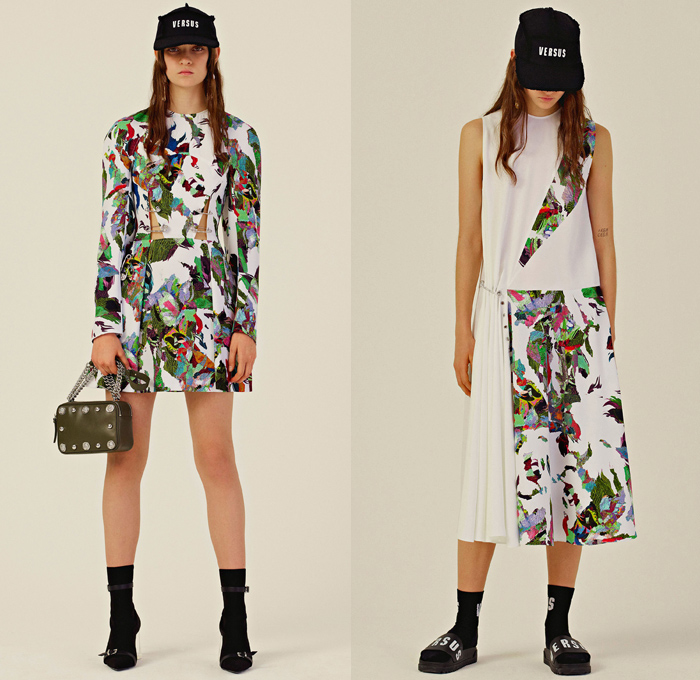 Versus Versace 2018 Resort Cruise Pre-Spring Womens Lookbook Presentation - Denim Jeans Trucker Jacket Cutoffs Shorts Contrast Stitching High Street Tweed Fringes Stripes Sleeveless Vest Waistcoat PVC Pleather Cargo Pockets Bedazzled Metallic Studs Logos Newspaper Print Grommets Eyelets Ruffles Mesh Lace Up Safety Pin Accordion Pleats Mix Match Mash Up Hybrid Combo Panel Coatdress Outerwear Turtleneck Sweater Jumper Cardigan Crop Top Midriff Pantsuit Motorcycle Biker Rider Jacket Noodle Spaghetti Strap Dress Miniskirt High Waist Straps Metallic Silver Wide Leg Trousers Palazzo Pants Shirtdress Bucket Fishing Hat Handbag Sneakers Sandals Slip-ons Baseball Cap Socks High Heels 