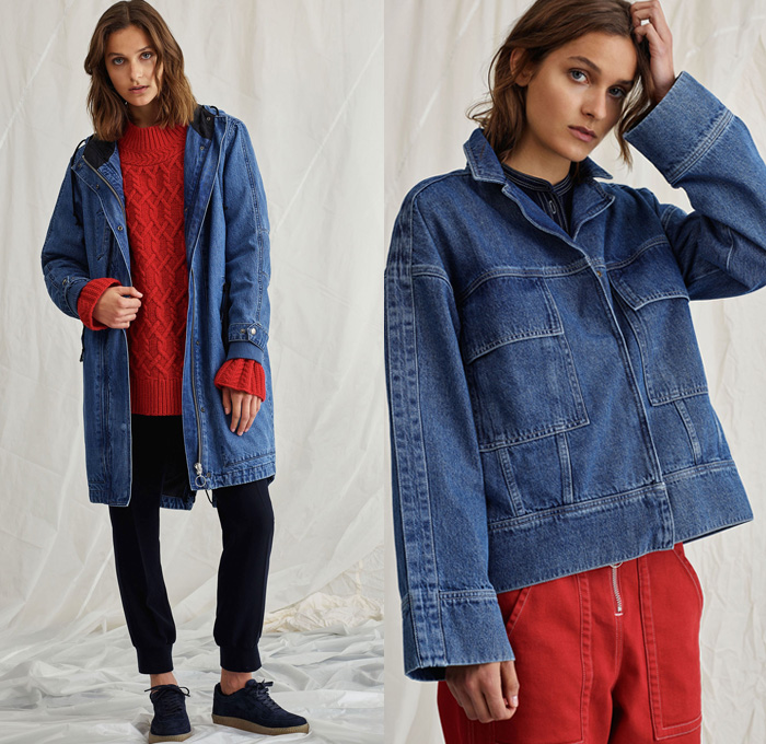 Whistles 2018 Resort Cruise Pre-Spring Womens Lookbook Presentation - Denim Jeans Coat Outerwear Hooded Parka Tuxedo Stripe Frayed Raw Hem Fleece Furry Plush Shearling Blazer Jacket Chunky Knit Sweater Jumper Ribbed Long Sleeve Blouse Poplin Shirt Onesie Jumpsuit Coveralls Shirtdress Snap Buttons Tearaway Cropped Pants Trousers Skirt Frock Stripes Birds Dots Boots Sneakers Handbag Tote