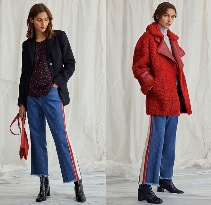 Whistles 2018 Resort Cruise Pre-Spring Womens Lookbook Presentation - Denim Jeans Coat Outerwear Hooded Parka Tuxedo Stripe Frayed Raw Hem Fleece Furry Plush Shearling Blazer Jacket Chunky Knit Sweater Jumper Ribbed Long Sleeve Blouse Poplin Shirt Onesie Jumpsuit Coveralls Shirtdress Snap Buttons Tearaway Cropped Pants Trousers Skirt Frock Stripes Birds Dots Boots Sneakers Handbag Tote