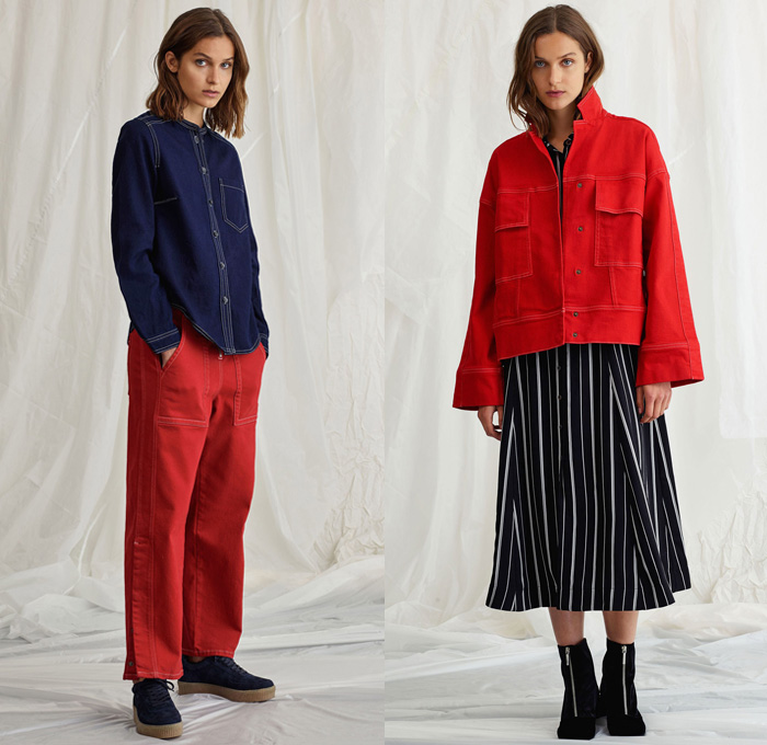 Whistles 2018 Resort Cruise Pre-Spring Womens Lookbook Presentation - Denim Jeans Coat Outerwear Hooded Parka Tuxedo Stripe Frayed Raw Hem Fleece Furry Plush Shearling Blazer Jacket Chunky Knit Sweater Jumper Ribbed Long Sleeve Blouse Poplin Shirt Onesie Jumpsuit Coveralls Shirtdress Snap Buttons Tearaway Cropped Pants Trousers Skirt Frock Stripes Birds Dots Boots Sneakers Handbag Tote
