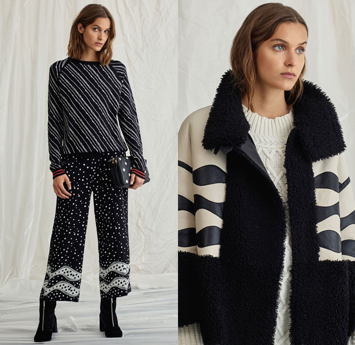 Whistles 2018 Resort Cruise Pre-Spring Womens Lookbook Presentation - Denim Jeans Coat Outerwear Hooded Parka Tuxedo Stripe Frayed Raw Hem Fleece Furry Plush Shearling Blazer Jacket Chunky Knit Sweater Jumper Ribbed Long Sleeve Blouse Poplin Shirt Onesie Jumpsuit Coveralls Shirtdress Snap Buttons Tearaway Cropped Pants Trousers Skirt Frock Stripes Birds Dots Boots Sneakers Handbag Tote