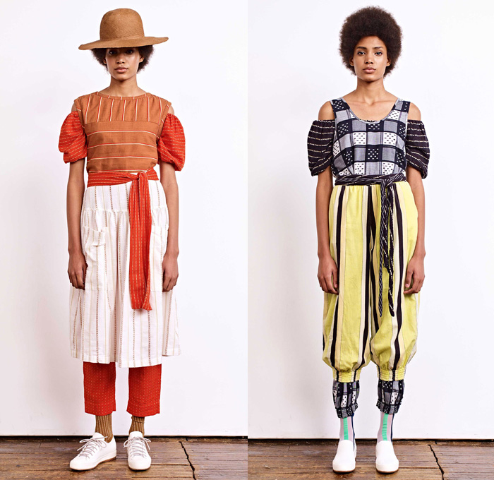 Ace + Jig 2018 Spring Summer Womens Lookbook Presentation - New York Fashion Week NYFW - Outerwear Robe Blouse Strapless Vest Maxi Peasant Countryside Dress Onesie Jumpsuit Coveralls Handweave Dyeing Stripes Linen Layers Tie Up Rope Waist Obi Sash Ornaments Decorative Art Tribal Ethnic Folk Polka Dots Squares Knitwear Plaid Check Wide Leg Trousers Palazzo Pants High Waist Skirt Cargo Pockets Straw Hat Socks Sneakers Neck Scarf 