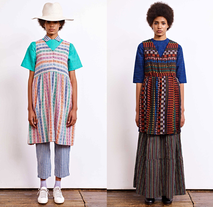 Ace + Jig 2018 Spring Summer Womens Lookbook Presentation - New York Fashion Week NYFW - Outerwear Robe Blouse Strapless Vest Maxi Peasant Countryside Dress Onesie Jumpsuit Coveralls Handweave Dyeing Stripes Linen Layers Tie Up Rope Waist Obi Sash Ornaments Decorative Art Tribal Ethnic Folk Polka Dots Squares Knitwear Plaid Check Wide Leg Trousers Palazzo Pants High Waist Skirt Cargo Pockets Straw Hat Socks Sneakers Neck Scarf 