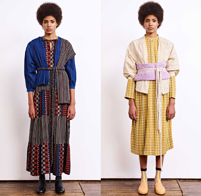 Ace + Jig 2018 Spring Summer Womens Lookbook Presentation - New York Fashion Week NYFW - Outerwear Robe Blouse Strapless Vest Maxi Peasant Countryside Dress Onesie Jumpsuit Coveralls Handweave Dyeing Stripes Linen Layers Tie Up Rope Waist Obi Sash Ornaments Decorative Art Tribal Ethnic Folk Polka Dots Squares Knitwear Plaid Check Wide Leg Trousers Palazzo Pants High Waist Skirt Cargo Pockets Straw Hat Socks Sneakers Neck Scarf 