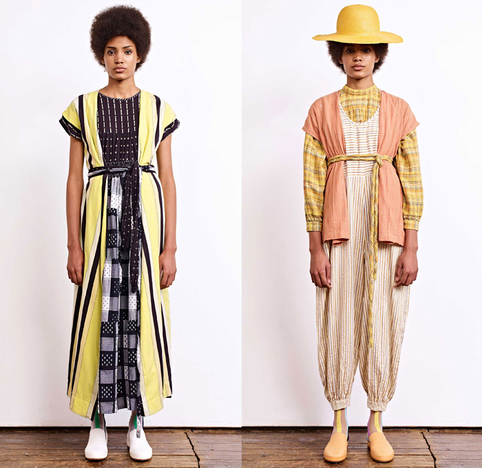 Ace + Jig 2018 Spring Summer Womens Lookbook Presentation - New York Fashion Week NYFW - Outerwear Robe Blouse Strapless Vest Maxi Peasant Countryside Dress Onesie Jumpsuit Coveralls Handweave Dyeing Stripes Linen Layers Tie Up Rope Waist Obi Sash Ornaments Decorative Art Tribal Ethnic Folk Polka Dots Squares Knitwear Plaid Check Wide Leg Trousers Palazzo Pants High Waist Skirt Cargo Pockets Straw Hat Socks Sneakers Neck Scarf 