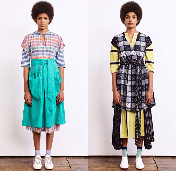 Ace + Jig 2018 Spring Summer Womens Lookbook Presentation - New York Fashion Week NYFW - Outerwear Robe Blouse Strapless Vest Maxi Peasant Countryside Dress Onesie Jumpsuit Coveralls Handweave Dyeing Stripes Linen Layers Tie Up Rope Waist Obi Sash Ornaments Decorative Art Tribal Ethnic Folk Polka Dots Squares Knitwear Plaid Check Wide Leg Trousers Palazzo Pants High Waist Skirt Cargo Pockets Straw Hat Socks Sneakers Neck Scarf 