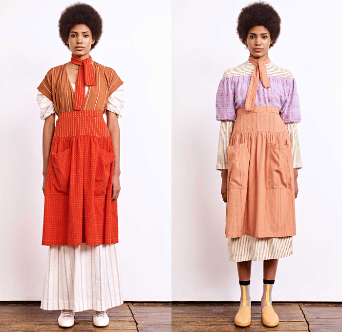 Ace + Jig 2018 Spring Summer Womens Lookbook Presentation - New York Fashion Week NYFW - Outerwear Robe Blouse Strapless Vest Maxi Peasant Countryside Dress Onesie Jumpsuit Coveralls Handweave Dyeing Stripes Linen Layers Tie Up Rope Waist Obi Sash Ornaments Decorative Art Tribal Ethnic Folk Polka Dots Squares Knitwear Plaid Check Wide Leg Trousers Palazzo Pants High Waist Skirt Cargo Pockets Straw Hat Socks Sneakers Neck Scarf 
