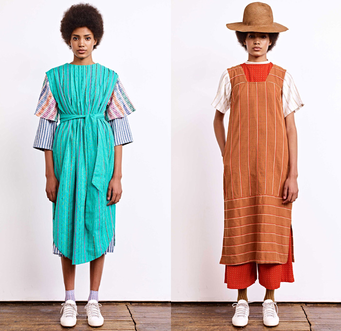 Ace + Jig 2018 Spring Summer Womens Lookbook Presentation - New York Fashion Week NYFW - Outerwear Robe Blouse Strapless Vest Maxi Peasant Countryside Dress Onesie Jumpsuit Coveralls Handweave Dyeing Stripes Linen Layers Tie Up Rope Waist Obi Sash Ornaments Decorative Art Tribal Ethnic Folk Polka Dots Squares Knitwear Plaid Check Wide Leg Trousers Palazzo Pants High Waist Skirt Cargo Pockets Straw Hat Socks Sneakers Neck Scarf 