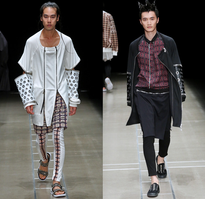 ACUOD by CHANU 2018 Spring Summer Mens Runway Catwalk Looks - Amazon Fashion Week Tokyo Japan AmazonFWT - Grunge Zippers Grommets Eyelets Outerwear Coat Kimono Motorcycle Biker Bomber Jacket Soutane Missionary Collar Hood Sweatshirt Striped Panels Shirtdress Caftan Leggings Shorts Manskirt Kilt Cargo Pockets Decorative Bedazzled Metallic Studs Brocade Jacquard Silk Satin Sheen Tulle Kanji Sandals Sneakers Boots