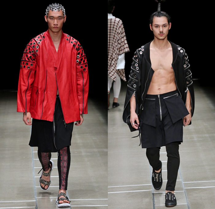 ACUOD by CHANU 2018 Spring Summer Mens Runway Catwalk Looks - Amazon Fashion Week Tokyo Japan AmazonFWT - Grunge Zippers Grommets Eyelets Outerwear Coat Kimono Motorcycle Biker Bomber Jacket Soutane Missionary Collar Hood Sweatshirt Striped Panels Shirtdress Caftan Leggings Shorts Manskirt Kilt Cargo Pockets Decorative Bedazzled Metallic Studs Brocade Jacquard Silk Satin Sheen Tulle Kanji Sandals Sneakers Boots