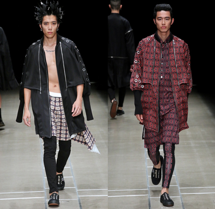 ACUOD by CHANU 2018 Spring Summer Mens Runway Catwalk Looks - Amazon Fashion Week Tokyo Japan AmazonFWT - Grunge Zippers Grommets Eyelets Outerwear Coat Kimono Motorcycle Biker Bomber Jacket Soutane Missionary Collar Hood Sweatshirt Striped Panels Shirtdress Caftan Leggings Shorts Manskirt Kilt Cargo Pockets Decorative Bedazzled Metallic Studs Brocade Jacquard Silk Satin Sheen Tulle Kanji Sandals Sneakers Boots