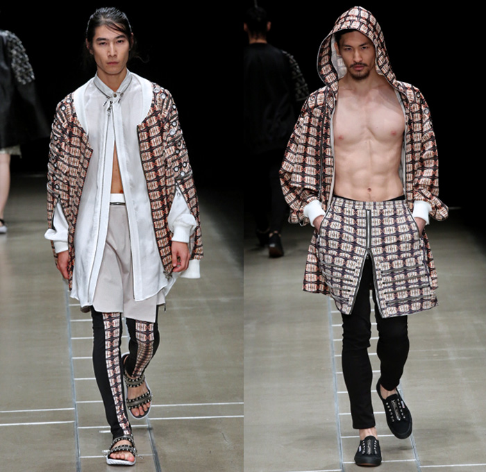 ACUOD by CHANU 2018 Spring Summer Mens Runway Catwalk Looks - Amazon Fashion Week Tokyo Japan AmazonFWT - Grunge Zippers Grommets Eyelets Outerwear Coat Kimono Motorcycle Biker Bomber Jacket Soutane Missionary Collar Hood Sweatshirt Striped Panels Shirtdress Caftan Leggings Shorts Manskirt Kilt Cargo Pockets Decorative Bedazzled Metallic Studs Brocade Jacquard Silk Satin Sheen Tulle Kanji Sandals Sneakers Boots