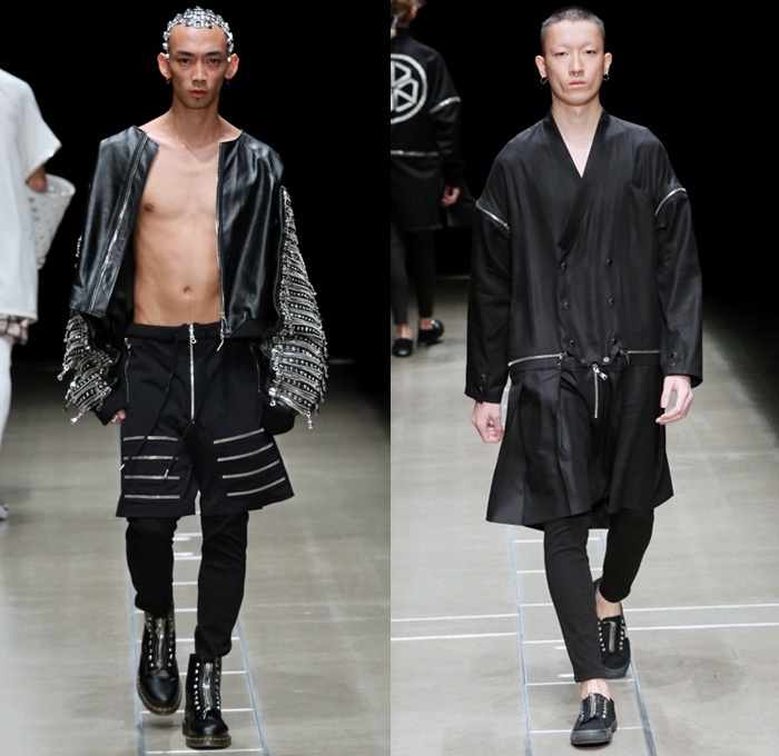 ACUOD by CHANU 2018 Spring Summer Mens Runway Catwalk Looks - Amazon Fashion Week Tokyo Japan AmazonFWT - Grunge Zippers Grommets Eyelets Outerwear Coat Kimono Motorcycle Biker Bomber Jacket Soutane Missionary Collar Hood Sweatshirt Striped Panels Shirtdress Caftan Leggings Shorts Manskirt Kilt Cargo Pockets Decorative Bedazzled Metallic Studs Brocade Jacquard Silk Satin Sheen Tulle Kanji Sandals Sneakers Boots