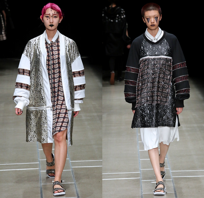 ACUOD by CHANU 2018 Spring Summer Womens Runway Catwalk Looks - Amazon Fashion Week Tokyo Japan AmazonFWT - Grunge Zippers Grommets Eyelets Outerwear Coat Kimono Motorcycle Biker Bomber Jacket Soutane Missionary Collar Hood Sweatshirt Striped Panels Shirtdress Caftan Leggings Shorts Manskirt Kilt Cargo Pockets Decorative Bedazzled Metallic Studs Brocade Jacquard Silk Satin Sheen Tulle Kanji Sandals Sneakers Boots