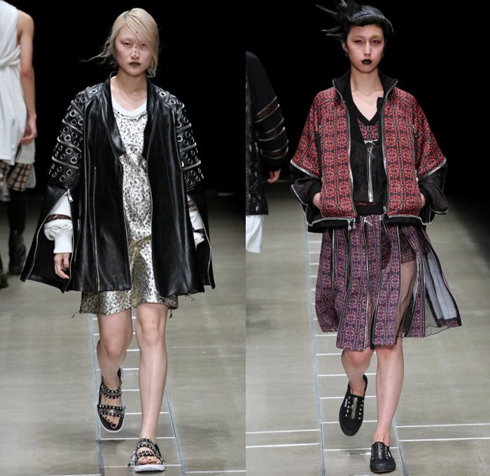 ACUOD by CHANU 2018 Spring Summer Womens Runway Catwalk Looks - Amazon Fashion Week Tokyo Japan AmazonFWT - Grunge Zippers Grommets Eyelets Outerwear Coat Kimono Motorcycle Biker Bomber Jacket Soutane Missionary Collar Hood Sweatshirt Striped Panels Shirtdress Caftan Leggings Shorts Manskirt Kilt Cargo Pockets Decorative Bedazzled Metallic Studs Brocade Jacquard Silk Satin Sheen Tulle Kanji Sandals Sneakers Boots