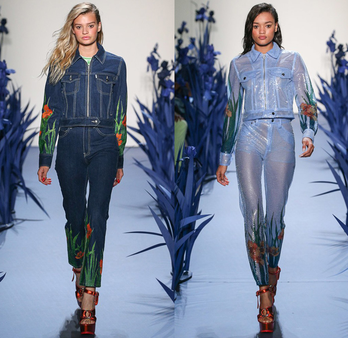 Adam Selman 2018 Spring Summer Womens Runway Catwalk Looks - New York Fashion Week NYFW - Iris Flowers Floral Botanical Print Graphic Motif Sheer Sheen Fringes Crop Top Midriff Plaid Picnic Check Pseudo Drawn Pockets Halterneck Swimwear Bikini Top Miniskirt Frock Outerwear Trench Coat Robe Maxi Dress Gown Silk Satin Sleepwear Pajamas Lounge Noodle Strap Shirtdress Mesh Pearls Strapless Snap Buttons Tearaway Pantsuit Neck Flap Garden Hat Denim Trucker Jacket Jeans Blouse Shirt Cutoffs Shorts