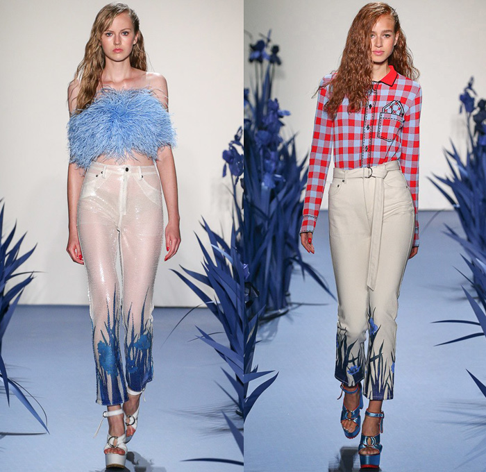 Adam Selman 2018 Spring Summer Womens Runway Catwalk Looks - New York Fashion Week NYFW - Iris Flowers Floral Botanical Print Graphic Motif Sheer Sheen Fringes Crop Top Midriff Plaid Picnic Check Pseudo Drawn Pockets Halterneck Swimwear Bikini Top Miniskirt Frock Outerwear Trench Coat Robe Maxi Dress Gown Silk Satin Sleepwear Pajamas Lounge Noodle Strap Shirtdress Mesh Pearls Strapless Snap Buttons Tearaway Pantsuit Neck Flap Garden Hat Denim Trucker Jacket Jeans Blouse Shirt Cutoffs Shorts