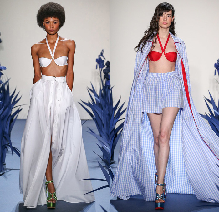 Adam Selman 2018 Spring Summer Womens Runway Catwalk Looks - New York Fashion Week NYFW - Iris Flowers Floral Botanical Print Graphic Motif Sheer Sheen Fringes Crop Top Midriff Plaid Picnic Check Pseudo Drawn Pockets Halterneck Swimwear Bikini Top Miniskirt Frock Outerwear Trench Coat Robe Maxi Dress Gown Silk Satin Sleepwear Pajamas Lounge Noodle Strap Shirtdress Mesh Pearls Strapless Snap Buttons Tearaway Pantsuit Neck Flap Garden Hat Denim Trucker Jacket Jeans Blouse Shirt Cutoffs Shorts