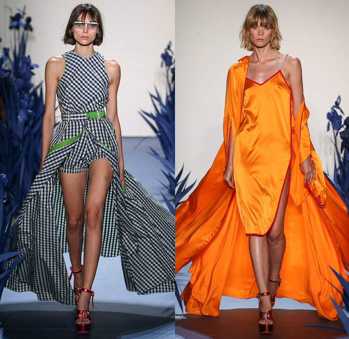 Adam Selman 2018 Spring Summer Womens Runway Catwalk Looks - New York Fashion Week NYFW - Iris Flowers Floral Botanical Print Graphic Motif Sheer Sheen Fringes Crop Top Midriff Plaid Picnic Check Pseudo Drawn Pockets Halterneck Swimwear Bikini Top Miniskirt Frock Outerwear Trench Coat Robe Maxi Dress Gown Silk Satin Sleepwear Pajamas Lounge Noodle Strap Shirtdress Mesh Pearls Strapless Snap Buttons Tearaway Pantsuit Neck Flap Garden Hat Denim Trucker Jacket Jeans Blouse Shirt Cutoffs Shorts