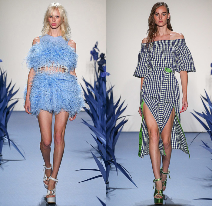 Adam Selman 2018 Spring Summer Womens Runway Catwalk Looks - New York Fashion Week NYFW - Iris Flowers Floral Botanical Print Graphic Motif Sheer Sheen Fringes Crop Top Midriff Plaid Picnic Check Pseudo Drawn Pockets Halterneck Swimwear Bikini Top Miniskirt Frock Outerwear Trench Coat Robe Maxi Dress Gown Silk Satin Sleepwear Pajamas Lounge Noodle Strap Shirtdress Mesh Pearls Strapless Snap Buttons Tearaway Pantsuit Neck Flap Garden Hat Denim Trucker Jacket Jeans Blouse Shirt Cutoffs Shorts