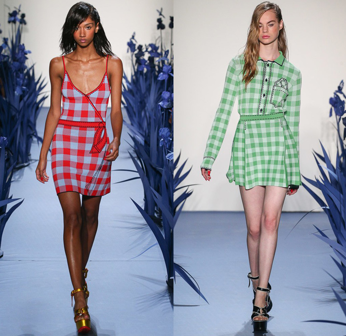 Adam Selman 2018 Spring Summer Womens Runway Catwalk Looks - New York Fashion Week NYFW - Iris Flowers Floral Botanical Print Graphic Motif Sheer Sheen Fringes Crop Top Midriff Plaid Picnic Check Pseudo Drawn Pockets Halterneck Swimwear Bikini Top Miniskirt Frock Outerwear Trench Coat Robe Maxi Dress Gown Silk Satin Sleepwear Pajamas Lounge Noodle Strap Shirtdress Mesh Pearls Strapless Snap Buttons Tearaway Pantsuit Neck Flap Garden Hat Denim Trucker Jacket Jeans Blouse Shirt Cutoffs Shorts