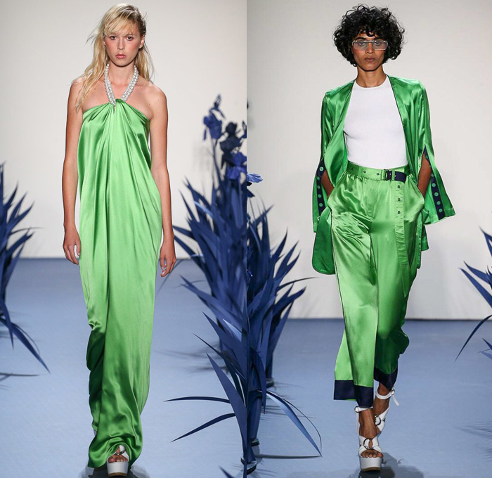 Adam Selman 2018 Spring Summer Womens Runway Catwalk Looks - New York Fashion Week NYFW - Iris Flowers Floral Botanical Print Graphic Motif Sheer Sheen Fringes Crop Top Midriff Plaid Picnic Check Pseudo Drawn Pockets Halterneck Swimwear Bikini Top Miniskirt Frock Outerwear Trench Coat Robe Maxi Dress Gown Silk Satin Sleepwear Pajamas Lounge Noodle Strap Shirtdress Mesh Pearls Strapless Snap Buttons Tearaway Pantsuit Neck Flap Garden Hat Denim Trucker Jacket Jeans Blouse Shirt Cutoffs Shorts