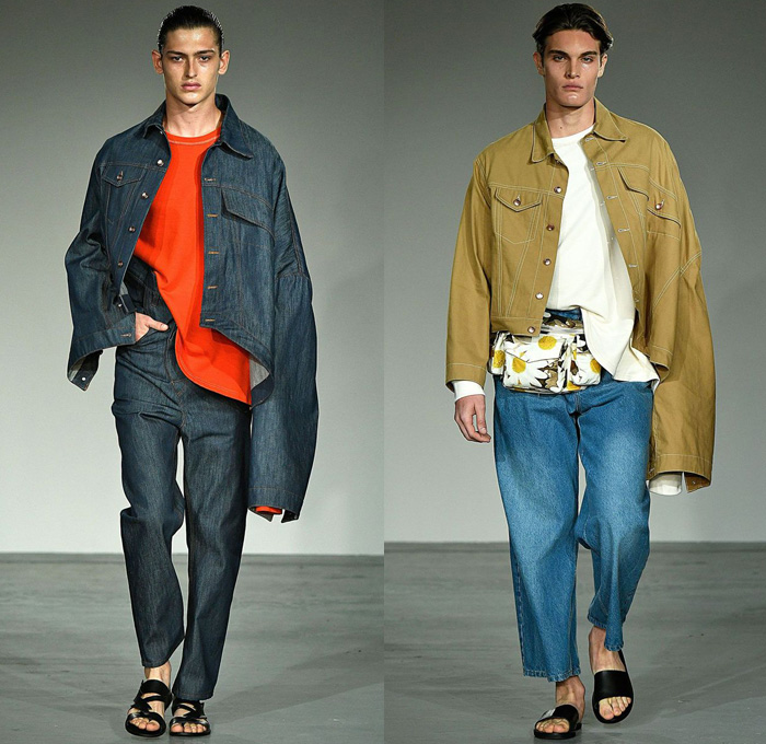 Alex Mullins 2018 Spring Summer Mens Runway Catwalk Looks - London Fashion Week Mens British Fashion Council UK United Kingdom - Denim Jeans Wide Leg Slouchy Loose Baggy Asymmetrical Waistband Trucker Jacket Oversized Outerwear Coat Blazer Long Sleeve Shirt Elongated Sleeve Sweater Jumper Sleeveless Vest Poncho Cloak Blanket Flowers Floral Botanical Print Graphic Patchwork Frayed Raw Hem Photograph Arms Sheer Voile Muslin Mesh Fishnet Warped Street Art Abstract Sandals Face Wrap Bandanna Tote Handbag Sunglasses Fanny Pack Waist Pouch Belt Bag