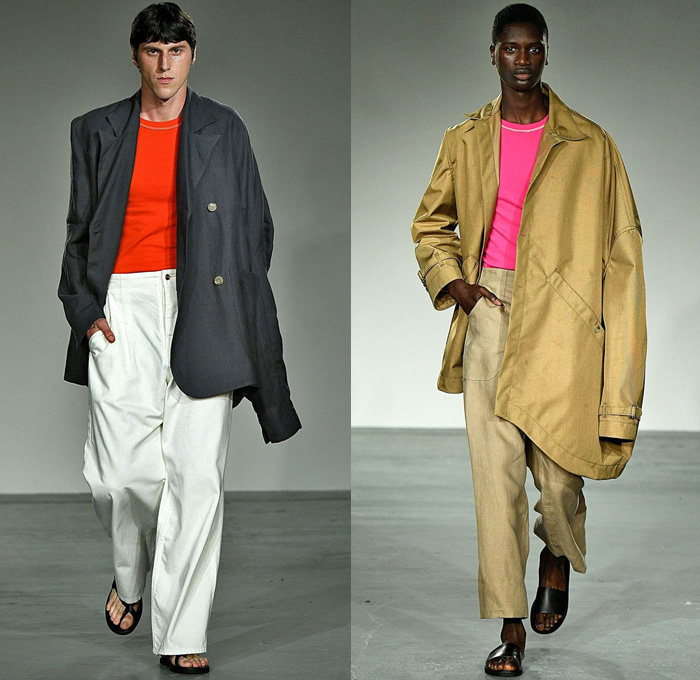 Alex Mullins 2018 Spring Summer Mens Runway Catwalk Looks - London Fashion Week Mens British Fashion Council UK United Kingdom - Denim Jeans Wide Leg Slouchy Loose Baggy Asymmetrical Waistband Trucker Jacket Oversized Outerwear Coat Blazer Long Sleeve Shirt Elongated Sleeve Sweater Jumper Sleeveless Vest Poncho Cloak Blanket Flowers Floral Botanical Print Graphic Patchwork Frayed Raw Hem Photograph Arms Sheer Voile Muslin Mesh Fishnet Warped Street Art Abstract Sandals Face Wrap Bandanna Tote Handbag Sunglasses Fanny Pack Waist Pouch Belt Bag