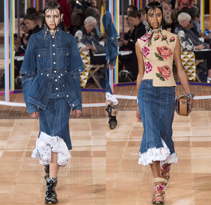 Alexander McQueen 2018 Spring Summer Womens Runway Catwalk Looks - Mode à Paris Fashion Week France - Denim Jeans Detachable Panels Buttons Skirt Trench Coat Motorcycle Biker Leather Jacket Zippers Crop Top Midriff Quilted Pantsuit Leg O'Mutton Sleeves Capelet One Shoulder Knit Sweater Basketweave 3D Flowers Floral Sheer Chiffon Organza Tulle Mesh Grid Plaid Bedazzled Tutu Maxi Dress Dress Gown Eveningwear Ruffles Tiered Noodle Strap Lace Fringes Feathers Gemstones Studs Boots Handbag