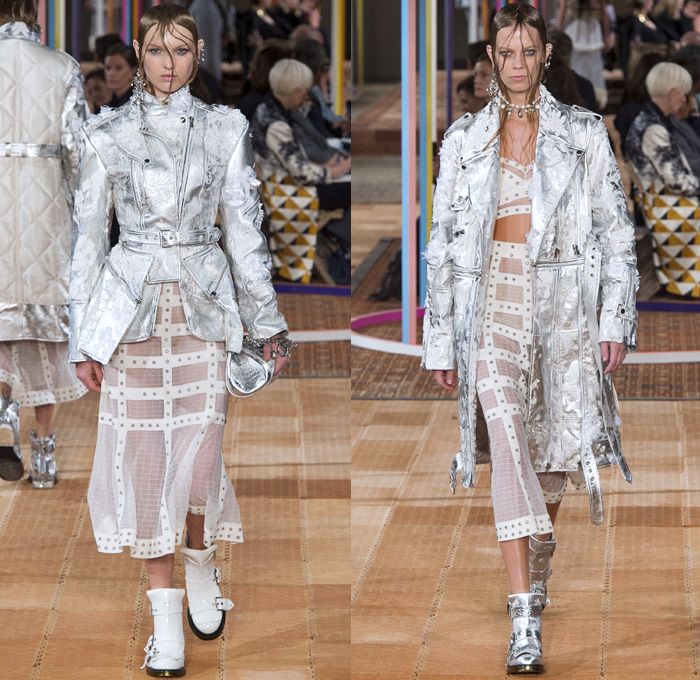 Alexander McQueen 2018 Spring Summer Womens Runway Catwalk Looks - Mode à Paris Fashion Week France - Denim Jeans Detachable Panels Buttons Skirt Trench Coat Motorcycle Biker Leather Jacket Zippers Crop Top Midriff Quilted Pantsuit Leg O'Mutton Sleeves Capelet One Shoulder Knit Sweater Basketweave 3D Flowers Floral Sheer Chiffon Organza Tulle Mesh Grid Plaid Bedazzled Tutu Maxi Dress Dress Gown Eveningwear Ruffles Tiered Noodle Strap Lace Fringes Feathers Gemstones Studs Boots Handbag