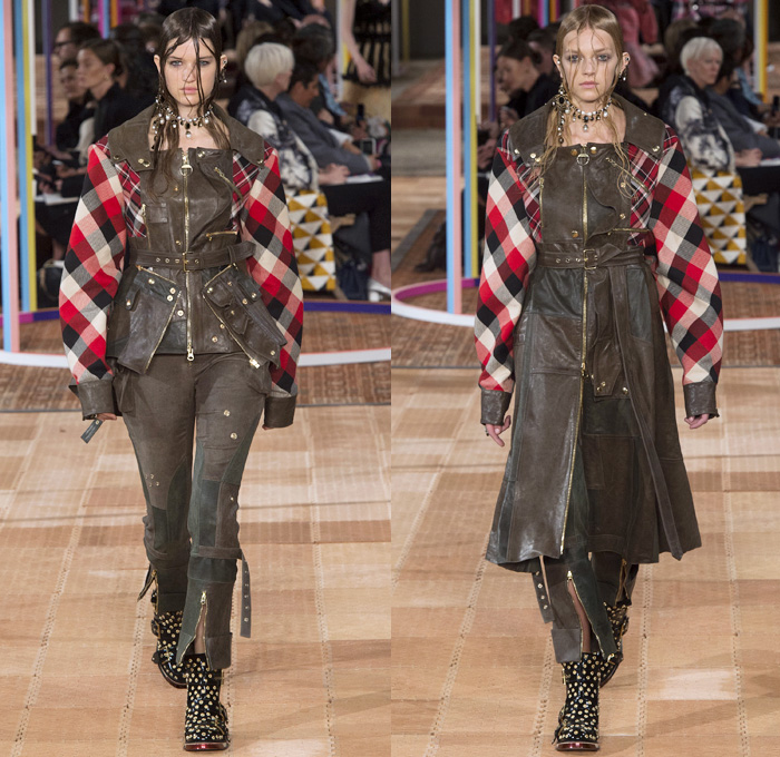 Alexander McQueen 2018 Spring Summer Womens Runway Catwalk Looks - Mode à Paris Fashion Week France - Denim Jeans Detachable Panels Buttons Skirt Trench Coat Motorcycle Biker Leather Jacket Zippers Crop Top Midriff Quilted Pantsuit Leg O'Mutton Sleeves Capelet One Shoulder Knit Sweater Basketweave 3D Flowers Floral Sheer Chiffon Organza Tulle Mesh Grid Plaid Bedazzled Tutu Maxi Dress Dress Gown Eveningwear Ruffles Tiered Noodle Strap Lace Fringes Feathers Gemstones Studs Boots Handbag