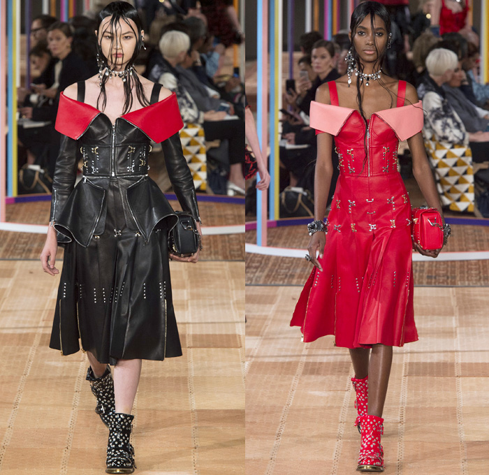 Alexander McQueen 2018 Spring Summer Womens Runway Catwalk Looks - Mode à Paris Fashion Week France - Denim Jeans Detachable Panels Buttons Skirt Trench Coat Motorcycle Biker Leather Jacket Zippers Crop Top Midriff Quilted Pantsuit Leg O'Mutton Sleeves Capelet One Shoulder Knit Sweater Basketweave 3D Flowers Floral Sheer Chiffon Organza Tulle Mesh Grid Plaid Bedazzled Tutu Maxi Dress Dress Gown Eveningwear Ruffles Tiered Noodle Strap Lace Fringes Feathers Gemstones Studs Boots Handbag