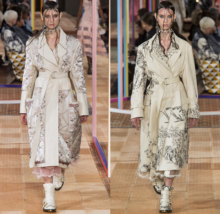 Alexander McQueen 2018 Spring Summer Womens Runway Catwalk Looks - Mode à Paris Fashion Week France - Denim Jeans Detachable Panels Buttons Skirt Trench Coat Motorcycle Biker Leather Jacket Zippers Crop Top Midriff Quilted Pantsuit Leg O'Mutton Sleeves Capelet One Shoulder Knit Sweater Basketweave 3D Flowers Floral Sheer Chiffon Organza Tulle Mesh Grid Plaid Bedazzled Tutu Maxi Dress Dress Gown Eveningwear Ruffles Tiered Noodle Strap Lace Fringes Feathers Gemstones Studs Boots Handbag