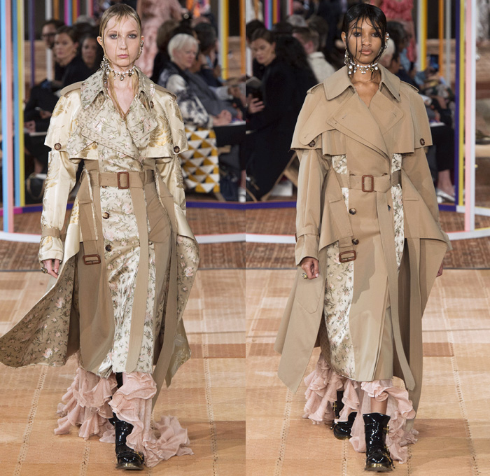 Alexander McQueen 2018 Spring Summer Womens Runway Catwalk Looks - Mode à Paris Fashion Week France - Denim Jeans Detachable Panels Buttons Skirt Trench Coat Motorcycle Biker Leather Jacket Zippers Crop Top Midriff Quilted Pantsuit Leg O'Mutton Sleeves Capelet One Shoulder Knit Sweater Basketweave 3D Flowers Floral Sheer Chiffon Organza Tulle Mesh Grid Plaid Bedazzled Tutu Maxi Dress Dress Gown Eveningwear Ruffles Tiered Noodle Strap Lace Fringes Feathers Gemstones Studs Boots Handbag