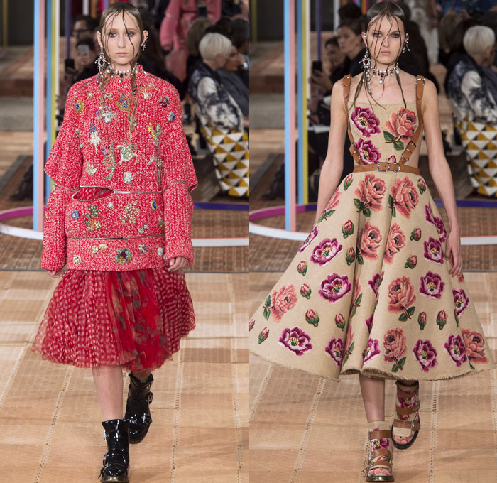 Alexander McQueen 2018 Spring Summer Womens Runway Catwalk Looks - Mode à Paris Fashion Week France - Denim Jeans Detachable Panels Buttons Skirt Trench Coat Motorcycle Biker Leather Jacket Zippers Crop Top Midriff Quilted Pantsuit Leg O'Mutton Sleeves Capelet One Shoulder Knit Sweater Basketweave 3D Flowers Floral Sheer Chiffon Organza Tulle Mesh Grid Plaid Bedazzled Tutu Maxi Dress Dress Gown Eveningwear Ruffles Tiered Noodle Strap Lace Fringes Feathers Gemstones Studs Boots Handbag