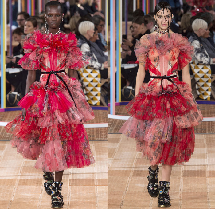 Alexander McQueen 2018 Spring Summer Womens Runway Catwalk Looks - Mode à Paris Fashion Week France - Denim Jeans Detachable Panels Buttons Skirt Trench Coat Motorcycle Biker Leather Jacket Zippers Crop Top Midriff Quilted Pantsuit Leg O'Mutton Sleeves Capelet One Shoulder Knit Sweater Basketweave 3D Flowers Floral Sheer Chiffon Organza Tulle Mesh Grid Plaid Bedazzled Tutu Maxi Dress Dress Gown Eveningwear Ruffles Tiered Noodle Strap Lace Fringes Feathers Gemstones Studs Boots Handbag